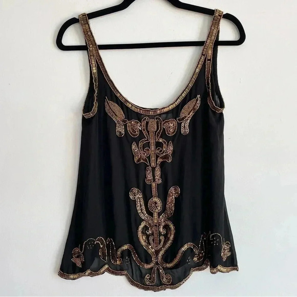 Lovers + Friends Beaded Chiffon Tank Top Black Gold Shirt Sleeveless Top Womens - Picture 1 of 10